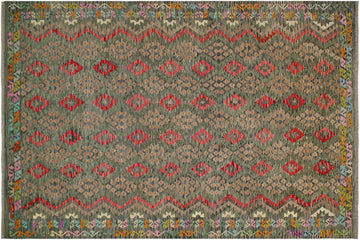Flat Weave Kilim, Antique, Navaho, Vintage, Handmade, Geometric Kilim Green Red Hand-Woven Rectangle 100% Wool Area Rug 8 x 12